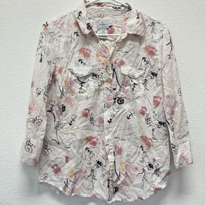 CK‎ Jeans Calvin Klein Jeans Button Up Floral 3/4 Sleeve Blouse Pink Medium M